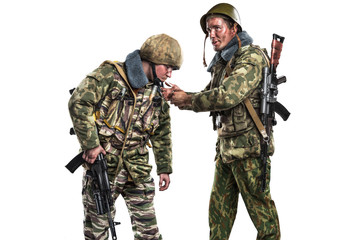 Fototapeta premium Male in uniform conforms to Russian army special forces (OMON)&nbsp;in War in Chechnya. Isolated on white background