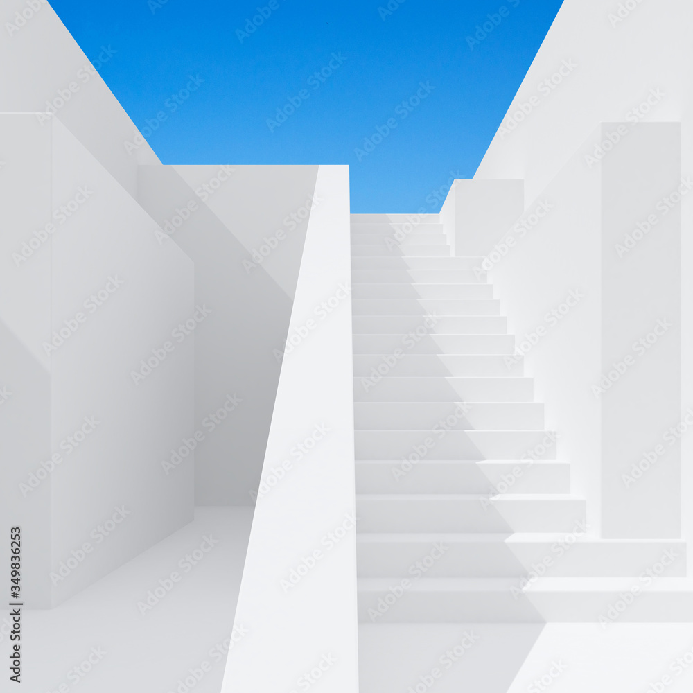 Aufkleber Abstract of minimal architecture space with white staircase and wall on blue sky background, Courtyard with shade and shadow. 3D rendering.