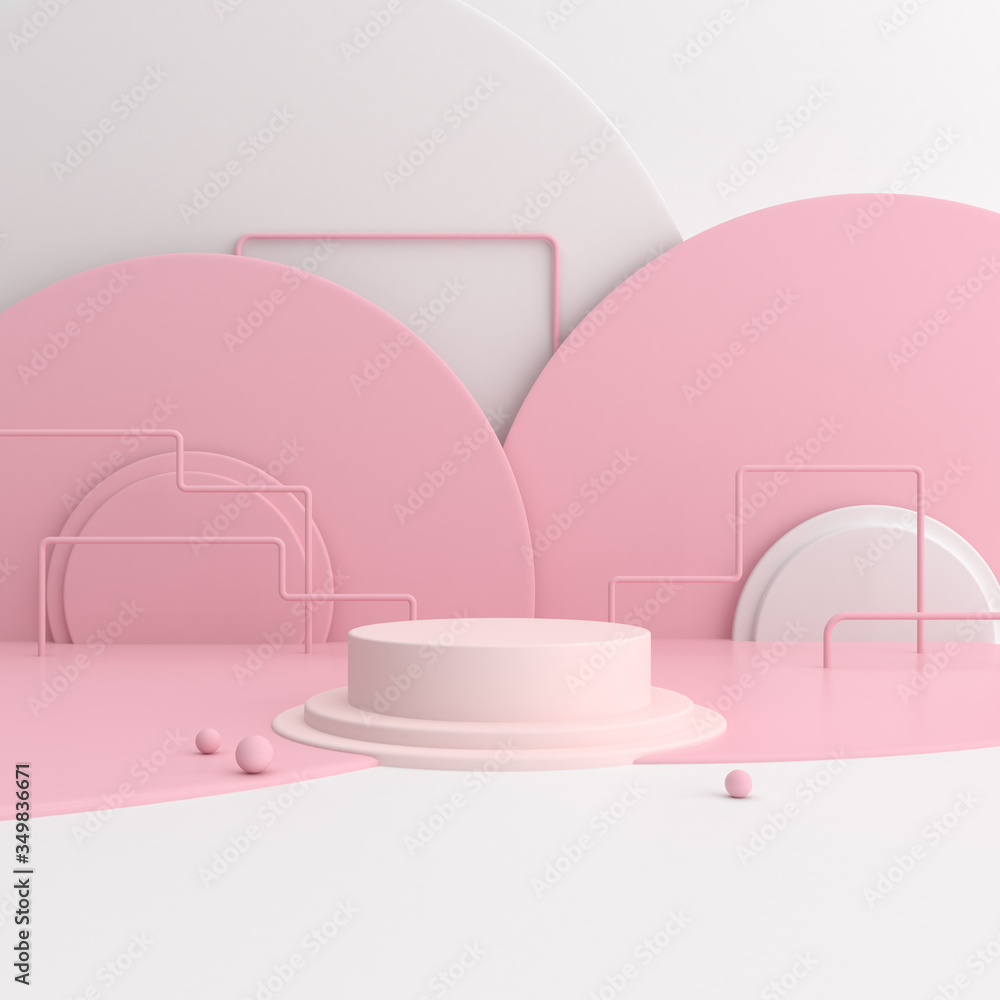 Poster Minimal mock up scene with round podium. Architectural design with geometric in pastel color, Product presentation. 3D rendering.