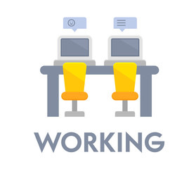 Working or Coworking Banner with Desk, Chairs and Computers with Speech Bubbles. Icon or Badge Isolated on White Background. Design Element for Business and Social Media. Vector Illustration, Clip Art