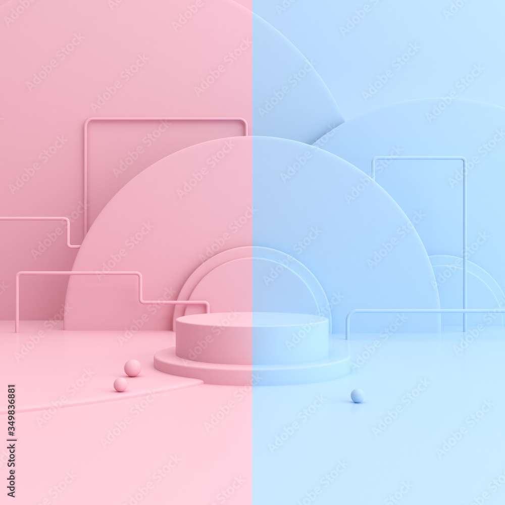 Poster minimal mock up scene with round geometric podium in pink and blue color. product presentation. 3d r