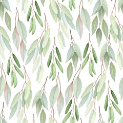 Foliage seamless pattern, various branches with greenery leaves on white background. Vector nature illustration in vintage watercolor style.