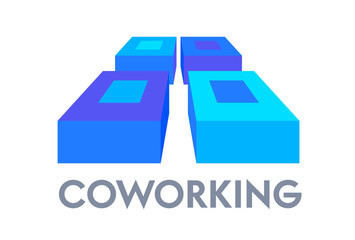 Coworking Banner, Isometric Icon with Abstract Rectangular Shapes, Badge Isolated on White Background. Design Element for Business Presentation and Social Media Post. Vector Illustration, Clip Art