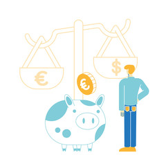 Male Character Put Golden Euro Coin in Piggy Bank at Scales. Man Save and Collect Money in Thrift-box, Open Bank Deposit, Plan Finance Budget, Diversification of Savings. Linear Vector Illustration