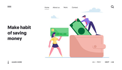 Business People Put Money in Huge Purse Landing Page Template. Tiny Man and Woman Characters Holding Huge Credit Card and Paper Currency Bill. Savings, Cash in Wallet. Cartoon Vector Illustration