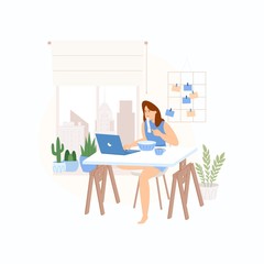 Home office. The girl sitting at the table and working. Woman working at home. Vector illustration in a flat style. 