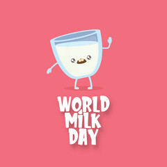 World milk day greeting banner with funny cartoon cute smiling milk glass character isolated on pink background. Happy milk day concept illustration with Kids kawaii food funky character.