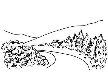 Simple ink vector drawing. Mountain silhouette on the horizon, road, trees, bushes, hills. Nature, rural landscape, walk in the park. For print, tourism, travel, leisure.