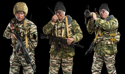 Collage of male in uniform conforms to Russian army special forces (OMON) in War in Chechnya....