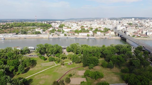 Usce park and Belgrade city skyline, drone video