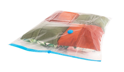 Space saver saving seal bag sucking air vacuum clothing storage compressed package.