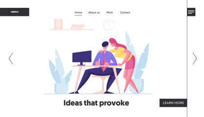 Company Employees Routine Teamwork Process Landing Page Template. Businesswoman Character Gossip with Man Sitting at Desk Working on Computer in Office, Chitchat. Cartoon People Vector Illustration