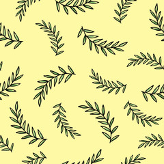 Hand drawn seamless pattern with floral elements. Pattern with leaves, twigs, branches, berries, grass. Black twigs with green leaves no a yellow background