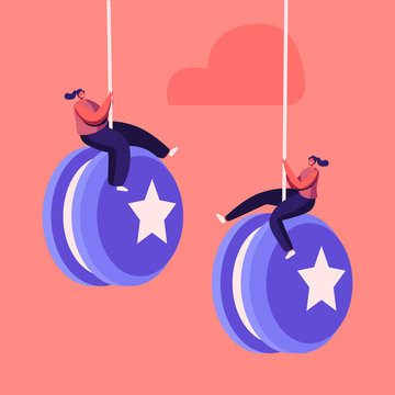 Tiny Female Characters Hang on Huge Yo-yo. Effect Mean People Rapidly Gaining Weight after Diet. Failure, Disruption of Healthy Eating and Lifestyle. Weight Control. Cartoon People Vector Illustration