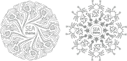 Drawn Sea life circle pattern. colorful round tracery vector set. ocean animals mandala print paper plack and white
