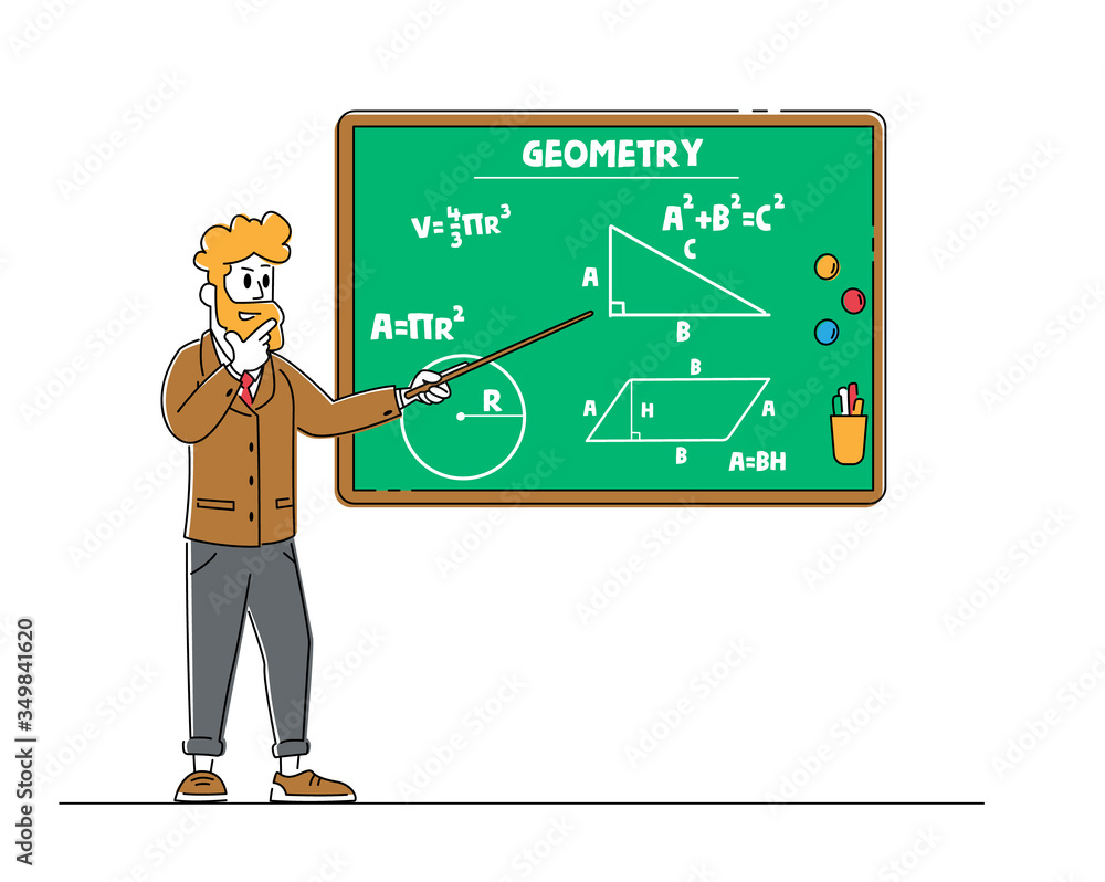 Poster male teacher character with pointer explain geometry lesson stand at blackboard with formulas and ta