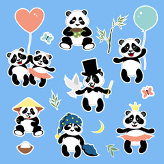 A set of stickers with the image of little cute pandas. Illustrations for children.