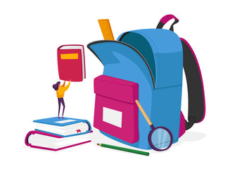 Tiny Female Character Put Textbooks in Huge Backpack with Educational Tools and Equipment. Studying, Learning, Back to School, Education in College or University Concept. Cartoon Vector Illustration