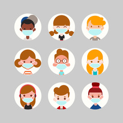 Teens and kids avatar collection. Cute children, boys and girls faces wearing medical face mask, Colorful user pic icons. Flat design style cartoon illustration.