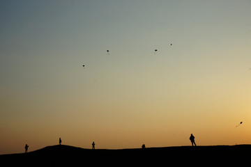 Naklejka na ściany i meble silhouette of a group of person flying kites on sunset 