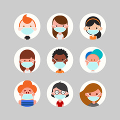 Teens and kids avatar collection. Cute children, boys and girls faces wearing medical face mask, Colorful user pic icons. Flat design style cartoon illustration.