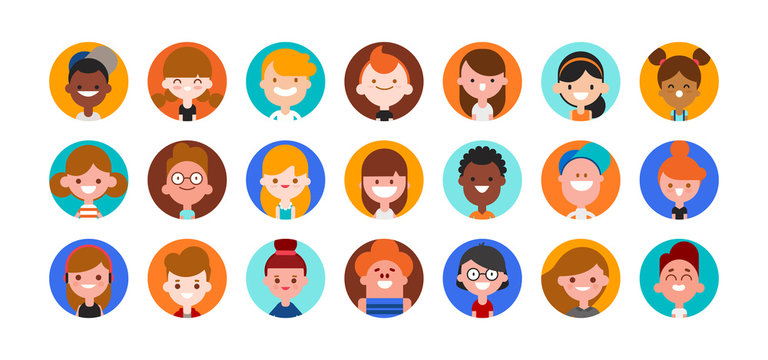 Teens and kids avatar collection. boys and girls faces, Colorful user pic icons. Flat design style cartoon illustration isolated on white background.