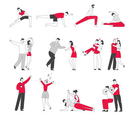 Set of Male and Female Characters Exercising in Gym, Doing Training Workout with Coach. Men and Women Listening Music and Dance, People Dating Isolated on White Background. Linear Vector Illustration