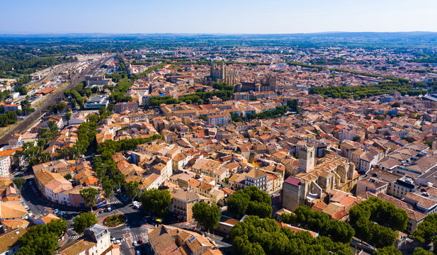 Aerial view of  district of Narbonne with apartment buildings