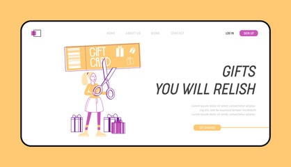 Sale and Discount Landing Page Template. Tiny Female Character Cutting with Scissors Huge Gift Card. Happy Woman Shopping Recreation, Price Off Promo Coupon, Bonus Voucher. Linear Vector Illustration