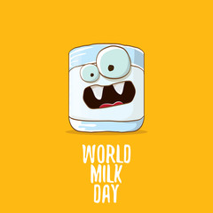 World milk day greeting banner with funny cartoon cute smiling milk glass character isolated on orange background. Happy milk day concept illustration with Kids kawaii food funky character.
