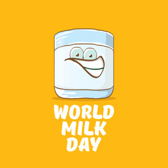 World milk day greeting banner with funny cartoon cute smiling milk glass character isolated on orange background. Happy milk day concept illustration with Kids kawaii food funky character.