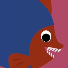 Illustration of Red Fish Open its Mouth While Showing its Sharp Teeth Cartoon, Cute Funny Character, Flat Design