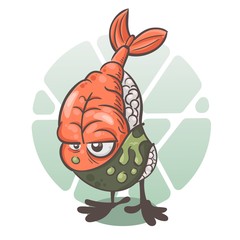 Sushi zombie. A fun cartoon character. Vector illustration isolated on white background