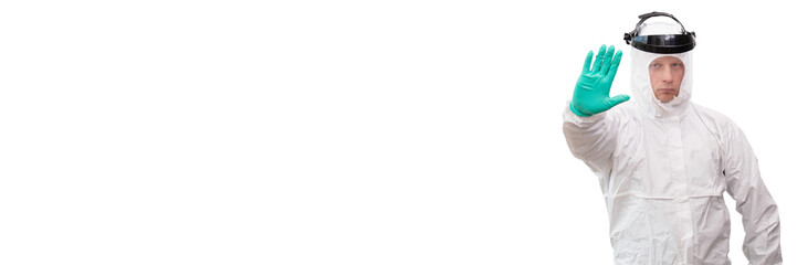 Man scientists wear protective clothing on the white background