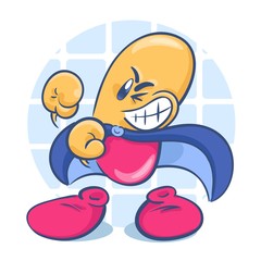 Cute cartoon character pill. Super hero. Vector illustration isolated on white background