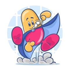 Cute cartoon character pill. Super hero. Vector illustration isolated on white background