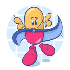 Cute cartoon character pill. Super hero. Vector illustration isolated on white background