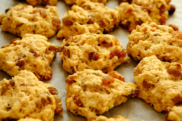 Freshly baked batch of raisin and sultana cookies