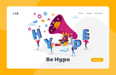 Naklejka premium Hype Landing Page Template. Tiny Characters with Huge Letters in Hands and Megaphone. King on Throne with Money. Social Media Viral or Fake Content Spreading. Cartoon People Vector Illustration
