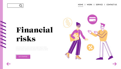 Man Take Money Credit at Micro Finance Organization Landing Page Template. Male Character Speak with Bank Employee for Taking Debt or Loan. Financial Problem, Budget Crisis. Linear Vector Illustration