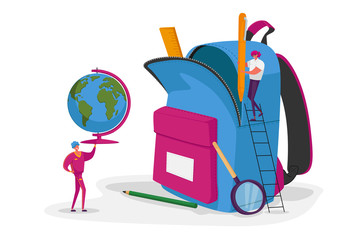 Tiny Male Female Characters Put School Stationery and Learning Equipment to Huge Rucksack. Man Carry Globe, Woman on Ladder Hold Pencil. College Education Concept. Cartoon People Vector Illustration