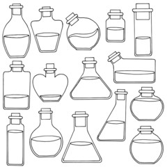 vector illustration, linear drawing in black and white, set of test tubes, jars of different shapes, isolate on a white background