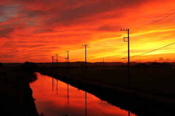 red sky with the river and telegraph poles at dawn