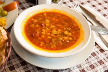 Chickpeas's soup with pepper and beef tripe, dish of spanish cuisine