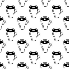 Large mug of coffee or cocoa hand-drawn. Vector seamless doodle pattern on white background. Design for textile, print.