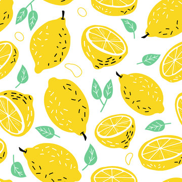 Hand drawn lemon, a slice of lemon. Illustration of a manual graphic. Set. vector illustration. seamless pattern.