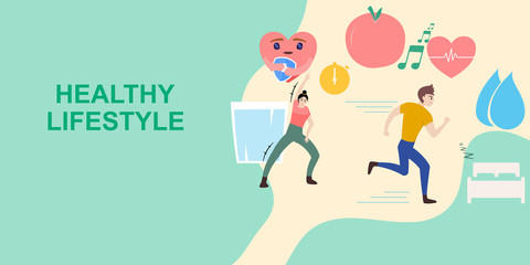Healthy Lifestyle Concept. People are exercise for good health. Fresh Fruit, Music note, drink fresh water and sleeping. Vector illustration