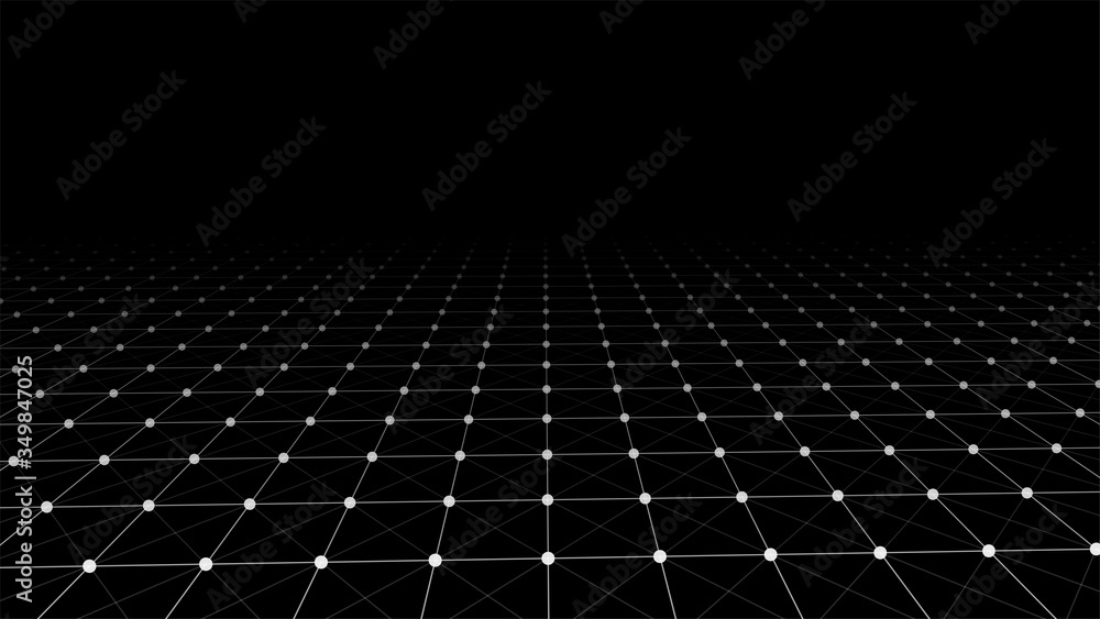 Aufkleber abstract wireframe perspective grid, connection of white dots and lines on dark background. vector i