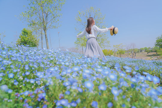 Girls and blue flowers on the hillside，sunny and happy life