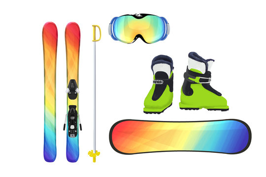Skiing and snowboarding small set equipment isolated on white background. Elements for ski resort picture, mountain activities